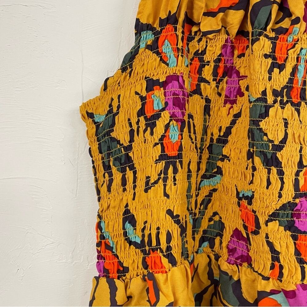Haute Hippie Mustard Yellow Floral Print Halter Smocked Boho Blouse L Sleeveless - Picture 4 of 13